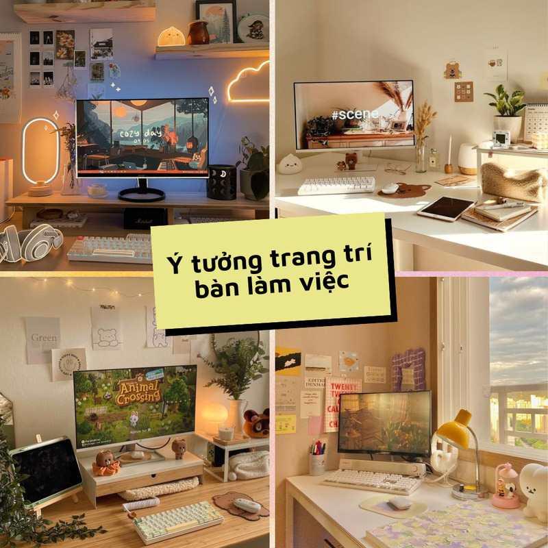 Cach bo tri ban lam viec doi hieu qua tham my, anh sang, cay xanh, phu kien